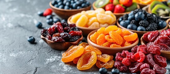 Photo of premium dried fruits and berries on the countertop.