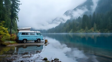 camping in the mountains, captivating image of a camper van parked by a lake, symbolizing the freedom of road trips and outdoor adventures