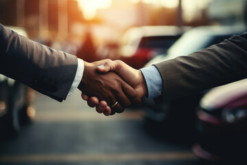 handshake on the background of a car, concept of selling, buying a car deal