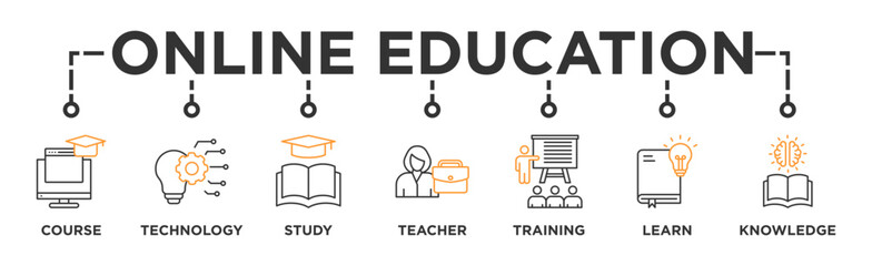 Online education banner web icon vector illustration concept with icon of course, technology, study, teacher, training, learn and knowledge
