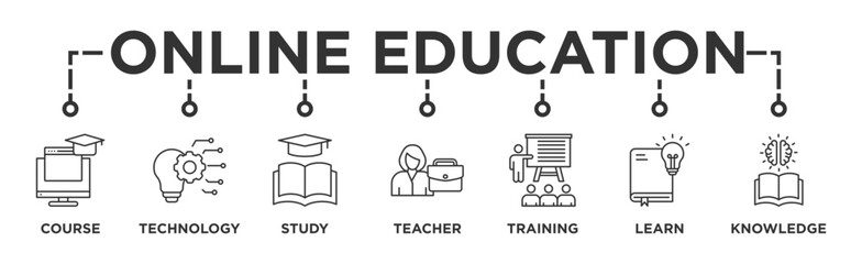 Online education banner web icon vector illustration concept with icon of course, technology, study, teacher, training, learn and knowledge