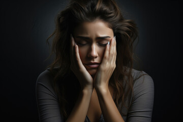 Unhappy upset woman with headache, migraine