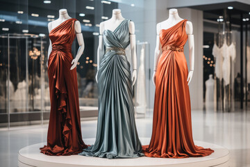 Mannequins in luxury evening dresses in a shopping mall
