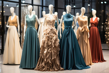 Naklejka premium Elegant luxurious dresses on mannequins in a store