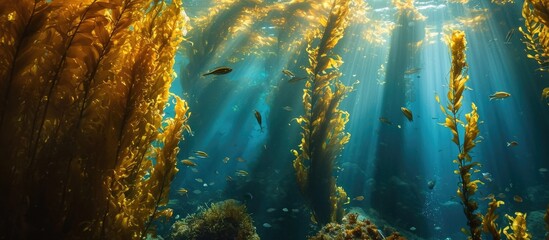 Underwater kelp forest at California island reef housing marine creatures. - obrazy, fototapety, plakaty