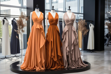 beautiful evening dresses on a mannequin in a clothing store