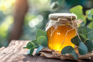 Natural cosmetic ingredients for skin body and hair care Golden honey in a jar and green herbal eucalyptus leaves