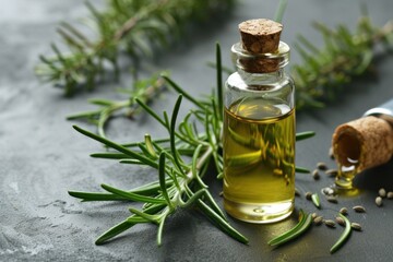 Natural essential aroma oil with rosemary on stone table background
