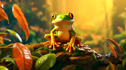 Frog sitting on a branch in the rainforest. Wildlife scene from nature. 3D rendering - obrazy, fototapety, plakaty