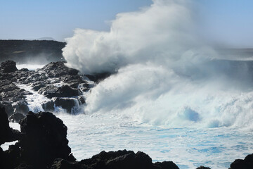 Waves of the Atlantic Ocean along the west coast of Spanish island Lanzarote