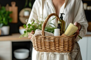Obraz na płótnie Canvas Woman holding wicker basket with natural ecofriendly zero waste plastic free cleaning items brushes rugs soap essential oils spray and sponges at the kitchen