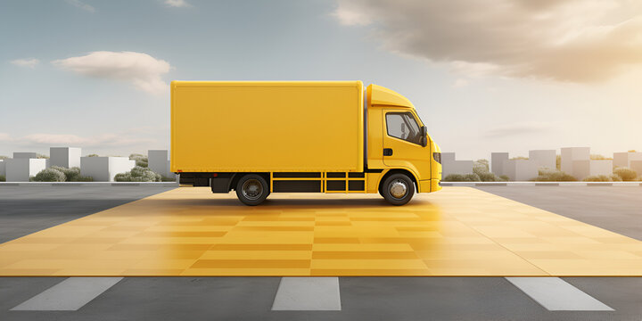Fast delivery of goods by a yellow truck from a logistics company on a city road with the truck moving quickly,