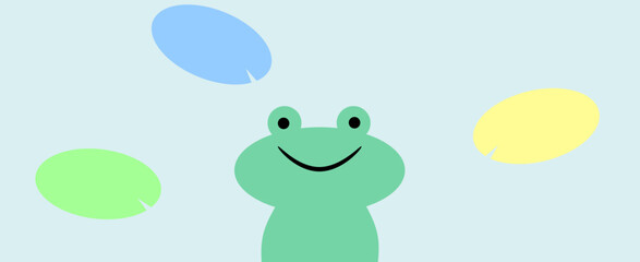 Children's Vector Illustration of a Green Joyful Frog Against a Background of Water and Water Lilies