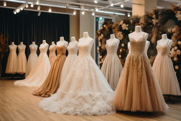 Luxury wedding dresses on mannequins in a wedding salon