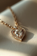 Product photography of a heart shaped gold locket on a gold chain, laid on a leather background