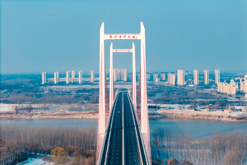 Qihe Yellow River Bridge in Dezhou, Shandong Province in winter