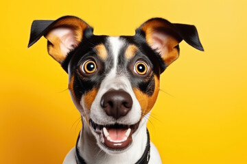 Surprised, shocked dog, puppy with open mouth on a yellow background