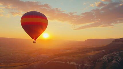 A hot air balloon floating in the air, over the British countryside with a sunset