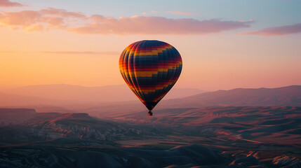 A hot air balloon floating in the air, over the British countryside with a sunset