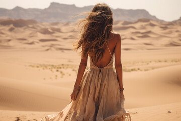 Fototapeta na wymiar Woman in a chic dress in the desert