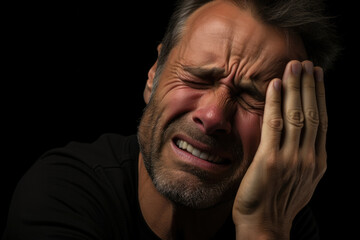 Man with toothache touching cheek with painful expression