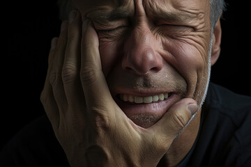 Man with toothache touching cheek with painful expression