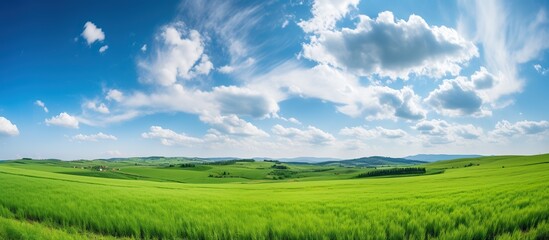 Beautiful natural landscape panorama of green field of cut grass with blue sky with clouds on the horizon. Perfect green lawn on a sunny summer day...