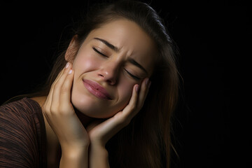Woman with toothache touching cheek with painful expression