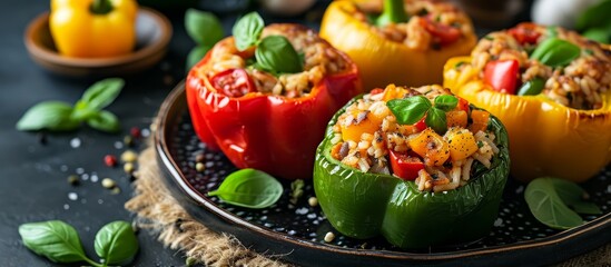 Colorful Stuffed Bell Peppers Arranged on a Plate, Plate, Plate - obrazy, fototapety, plakaty