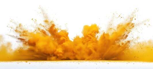 Yellow powder explosion on white background. Colored cloud. Colorful dust explode. Paint Holi.