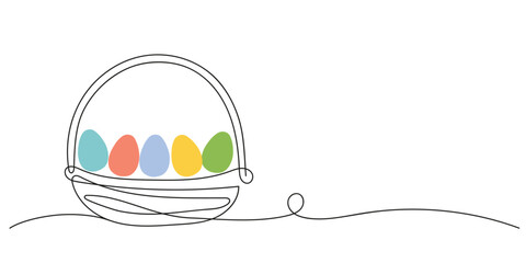 Wicker basket with colorful Easter eggs. Continuous one line drawing. Vector illustration isolated on white background. Minimalist style. perfect for Easter promotion, greeting card, holiday banner