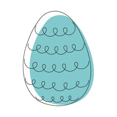Colorful turquoise Easter egg with a pattern. Continuous one line drawing. On white background. Minimalist. Design element. Ideal for icon, logo, print, Easter decoration, coloring book, greeting card