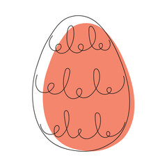 Colorful red Easter egg with a pattern. Continuous one line drawing. On white background. Minimalist. Design element. Ideal for icon, logo, print, Easter decoration, coloring book, greeting card