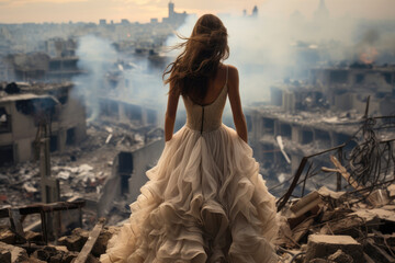 Woman in a lush evening dress on the ruins of a war-torn city - obrazy, fototapety, plakaty