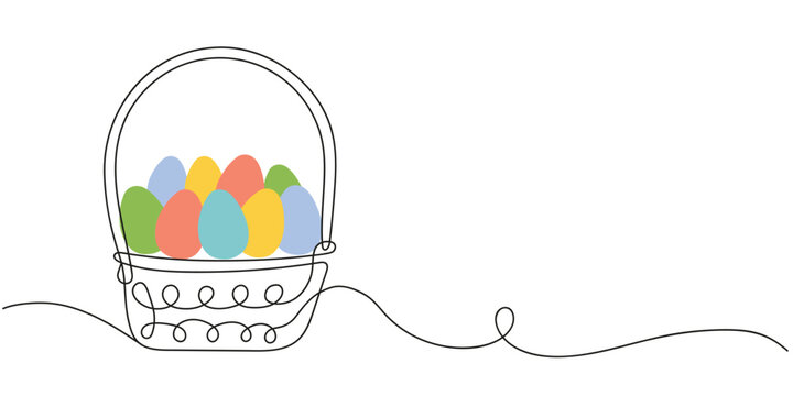 recommend clip art: Wicker basket with colorful Easter eggs. Continuous one line drawing. Vector illustration isolated on a white background. Minimalist style. perfect for Easter promotion, greeting card, holiday banner