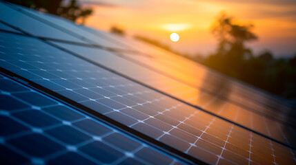 Solar panels on the roof of a warehouse, bokeh background