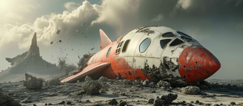 3d rendering of a retro space rocket with nose smashed into ground symbolizing broken dreams, success and failure in space exploration.