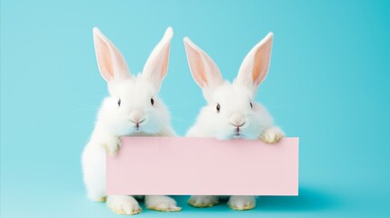 Cute toy bunny, rabbit on isolated pastel background, holding a card. Easter background with empty space for cards or campaigns.