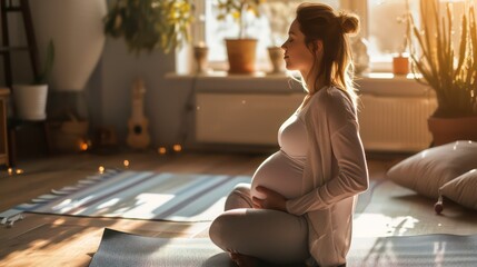sport, fitness and people concept - happy pregnant woman sitting on yoga mat at home - obrazy, fototapety, plakaty