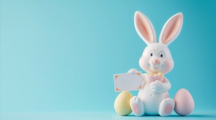 Cute toy bunny, rabbit on isolated pastel background, holding a card. Easter background with empty space for cards or campaigns.