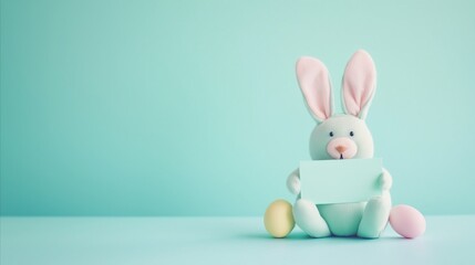 Easter card with bunny holding sign with empty space for text. Happy Easter.