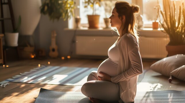 sport, fitness and people concept - happy pregnant woman sitting on yoga mat at home