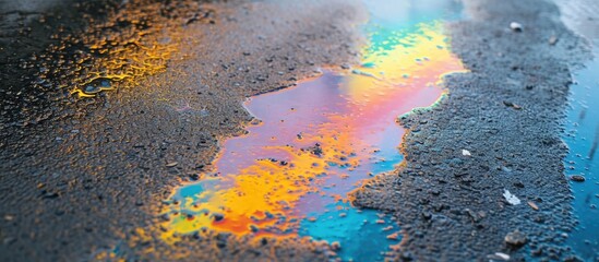 Environmental pollution concept with gasoline flowing on the asphalt, creating rainbow oil and gasoline stains.