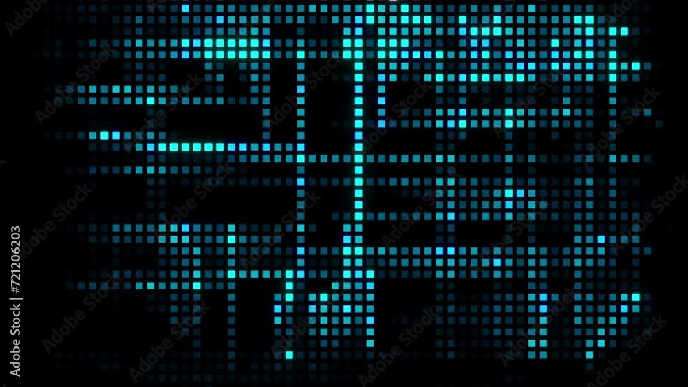 Poster glow blue mosaic pixel led digital grid lights animation on black abstract technology background. br