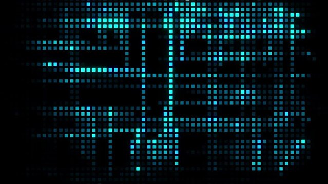 Glow blue mosaic pixel LED digital grid lights animation on black abstract technology background. Bright floodlights flashing computer technology lights.
