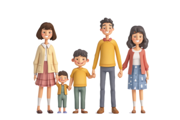 family holding hands and smiling together, happiness in the bond between parent and children on a white background.