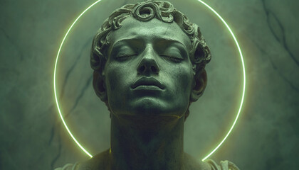Surreal digital art with one neon green circle around the head, statue of a ancient Greek man