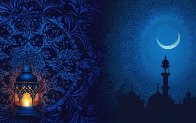 islamic eid festival greeting background, ramadan lamp and moon with mandala background