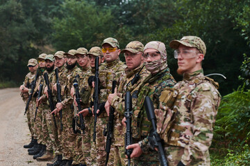 Soldier fighters standing together with guns. Group portrait of US army elite members, private...