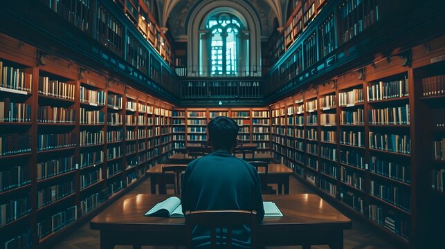 inspiring image of a student studying in a library, symbolizing the pursuit of knowledge and education